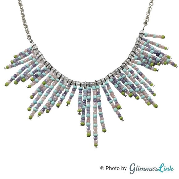 Bohemian Multicolor Pastel Seed Bead Fringe Bib Silver Tone Necklace - Picture 6 of 8
